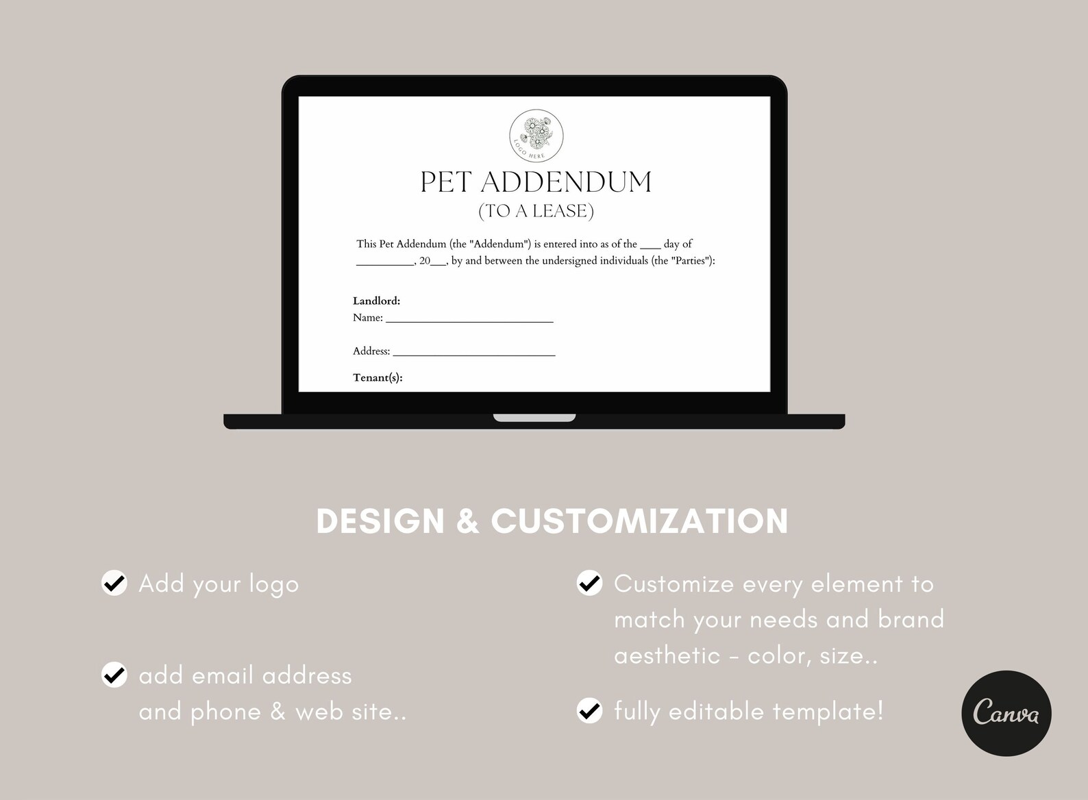 Editable Pet Addendum to A Lease Form, Rental Form, Pet Agreement ...