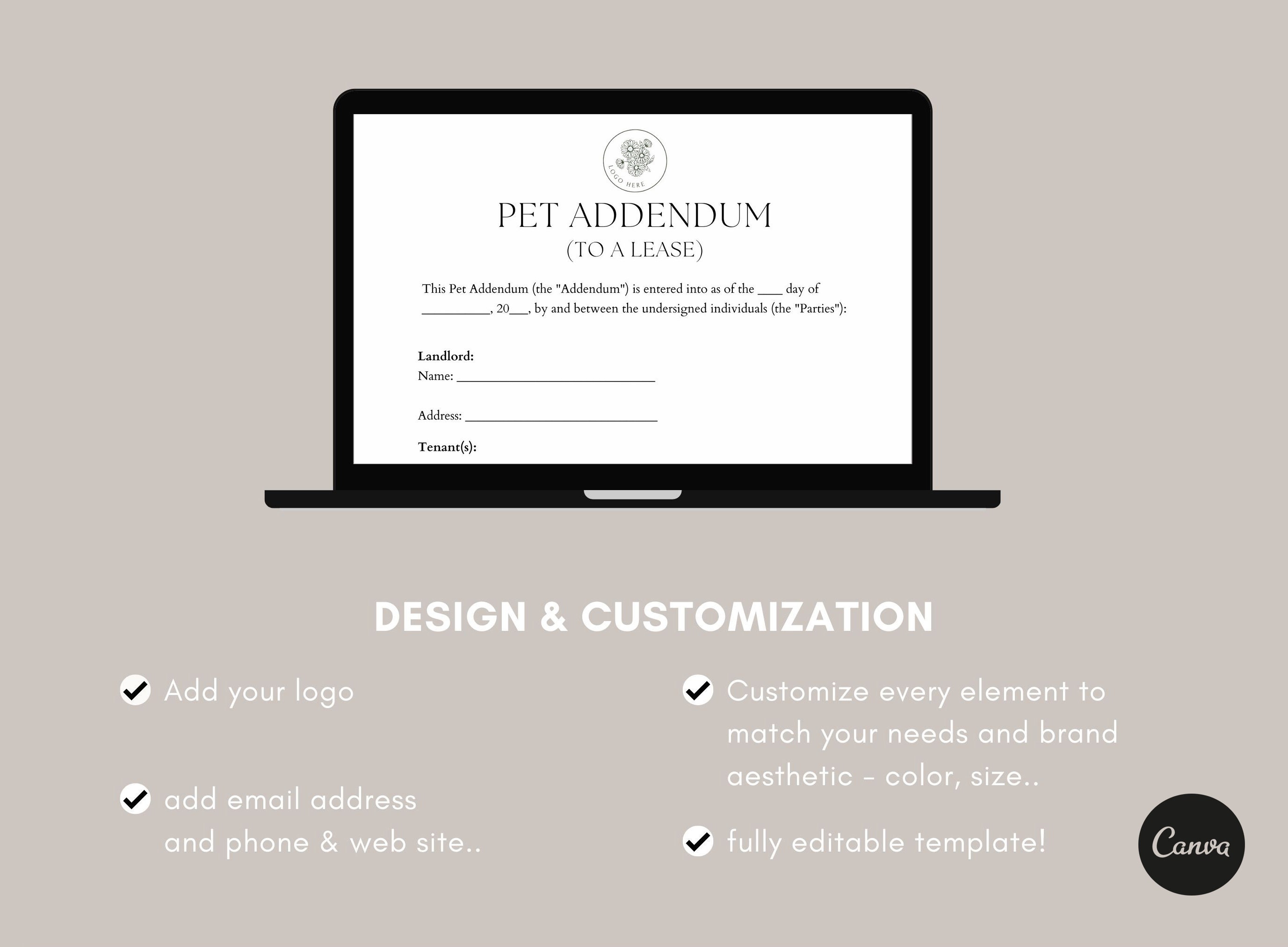 Editable Pet Addendum to A Lease Form, Rental Form, Pet Agreement ...