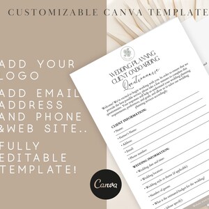 May include: A black and white printable wedding planning client onboarding questionnaire template. The template includes sections for client information, wedding information, and a budget for the wedding. The template is customizable and editable.