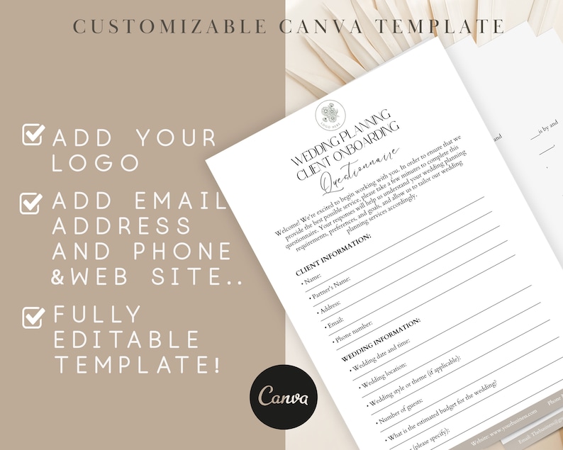 May include: A black and white printable wedding planning client onboarding questionnaire template. The template includes sections for client information, wedding information, and a budget for the wedding. The template is customizable and editable.