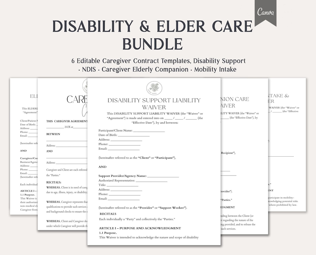 Mobility Form Disability & Elder Care Bundle, 6 Editable Caregiver Contract Templates ...