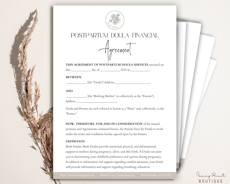 May include: A black and white postpartum doula financial agreement form with the title "Postpartum Doula Financial Agreement". The form includes sections for the Doula and the Birthing Mother or Parents, and a definition of a Birth Doula.