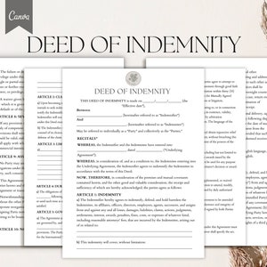 Deed of Indemnity, Indemnity Agreement, Indemnification Agreement, Indemnity Contract, Pdf, Canva