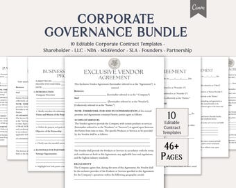 Corporate Governance Bundle, 10 Editable Corporate Templates, Shareholder, LLC, NDA, Msa, Vendor, SLA Forms