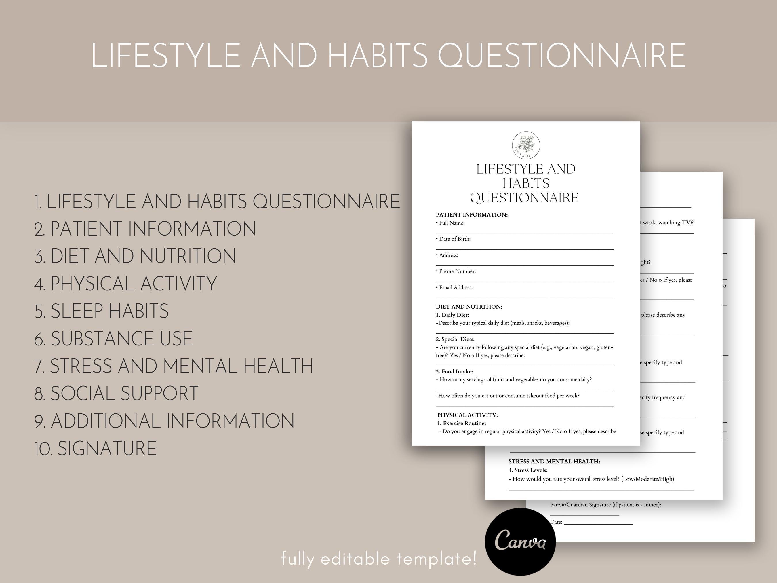 Lifestyle and Habits Questionnaire Template, Lifestyle Assessment ...