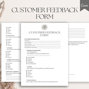 Könnte beinhalten: Ein Stapel weißer Kundenfeedback-Formulare mit schwarzem Text. Die Formulare enthalten Abschnitte für Kundeninformationen, Feedback-Fragen und zusätzliche Kommentare. Auf dem obersten Formular steht "CUSTOMER FEEDBACK FORM" in großem Text. Das Canva-Logo befindet sich oben rechts.