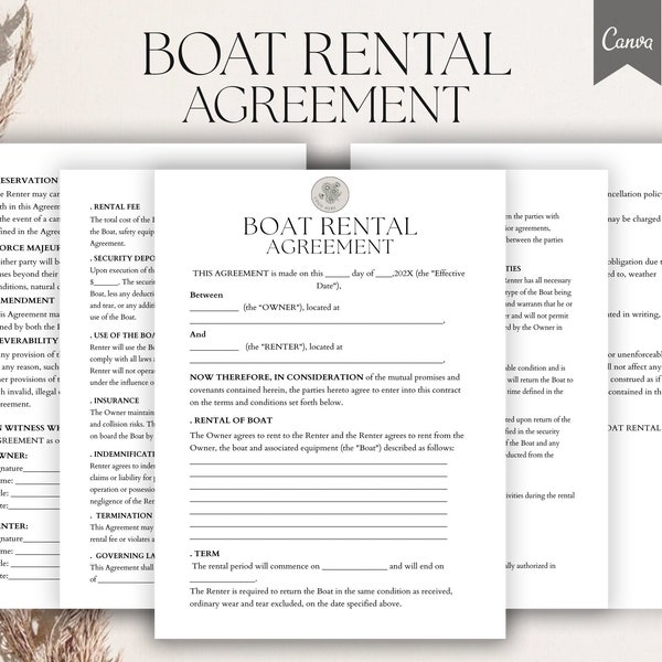 Editable Boat Rental Agreement Template, Boat Rental Contract, Boat lease agreement Template, Boat Lease Terms, Pdf, Canva