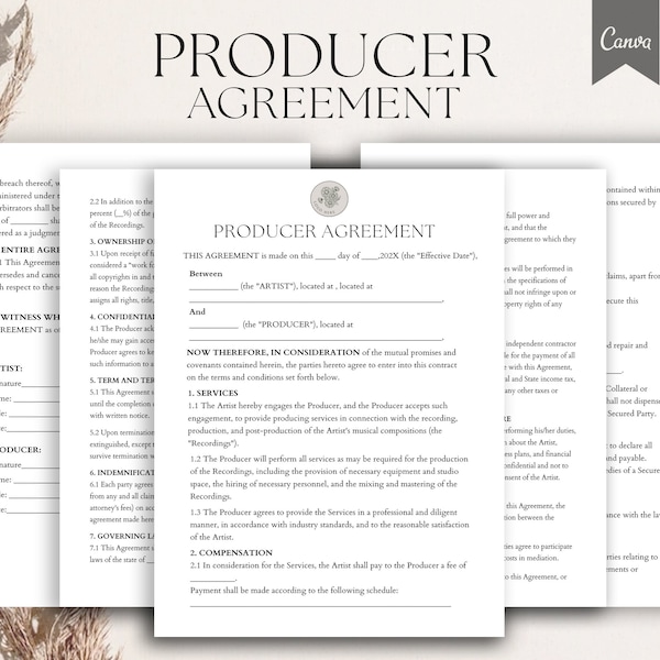 Editable Producer Agreement ,Producer Contract Template, Music Production Contract ,Recording Services Agreement Forms, Pdf, Canva