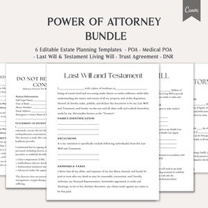 Power of Attorney Bundle, 6 Editable Estate Planning Document Templates, POA, Will, DNR, Living Will, ,Trust Forms, DocX, PDF, Canva