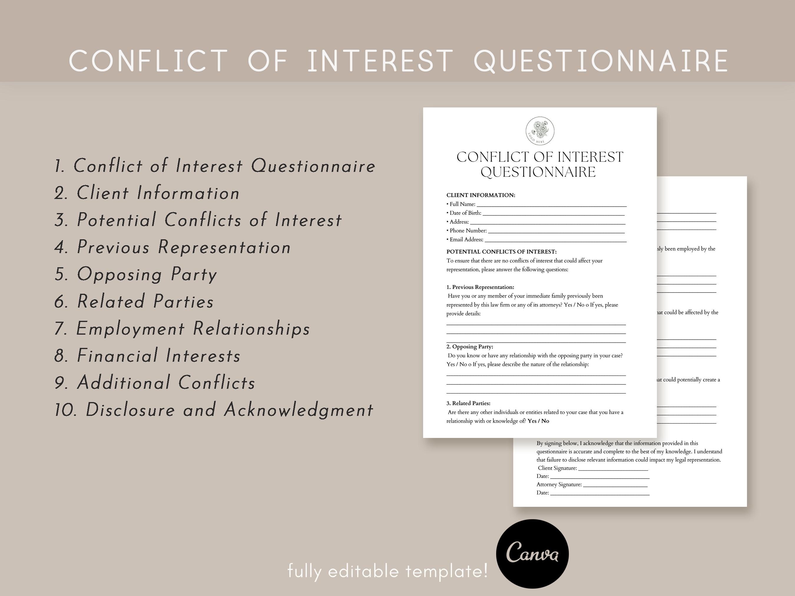 Conflict of Interest Questionnaire Form Template, Pdf, Canva - Etsy ...
