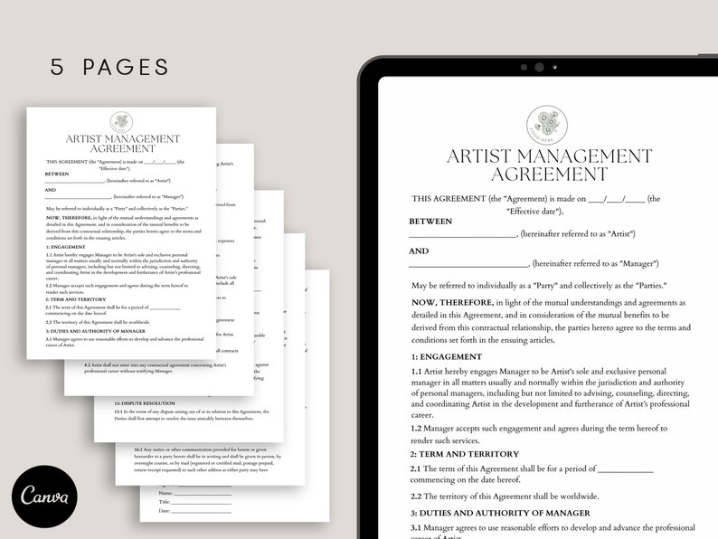 Artist Management Agreement, Talent Agency Contract, Personal Manager Agreement, Band Manager Agreement, pdf Canva image 2