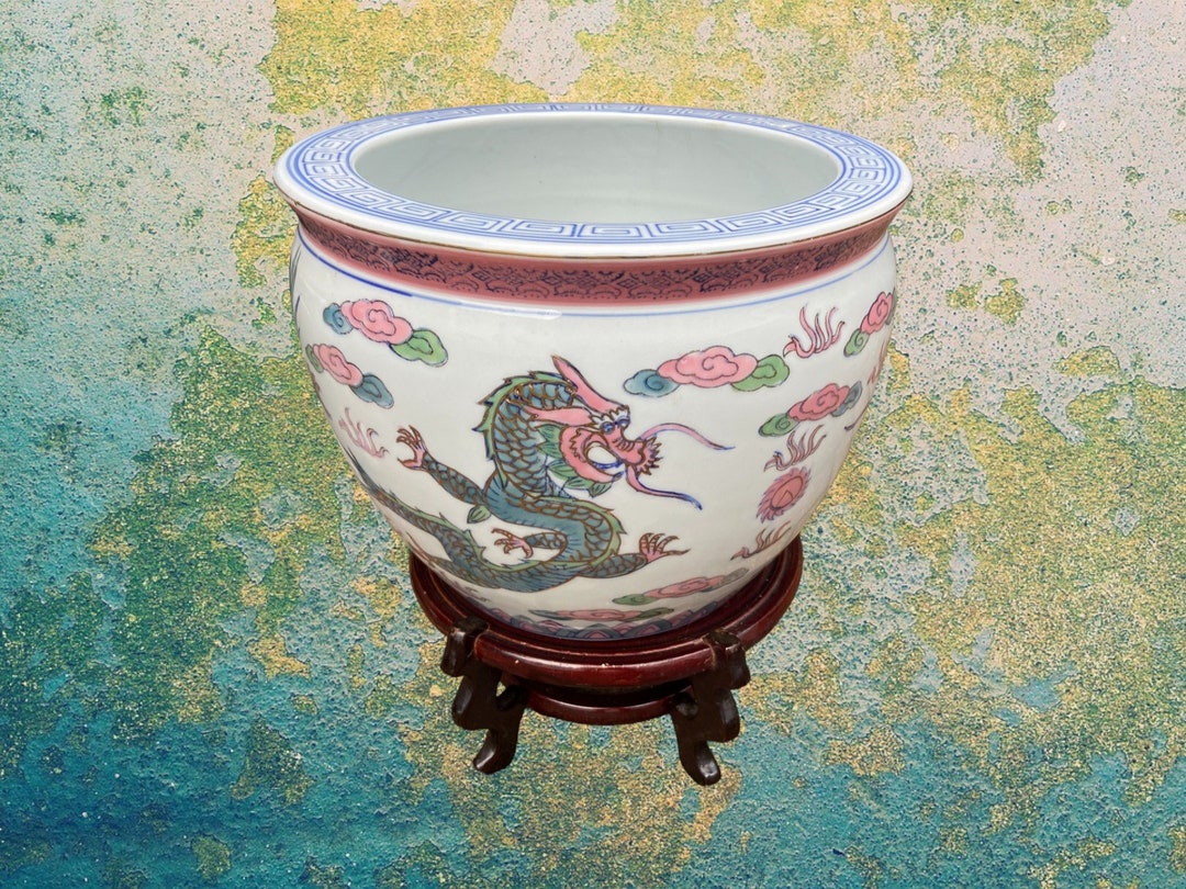 Vintage Oriental Chinese Ceramic Fish Bowl Planter Depicting a Etsy