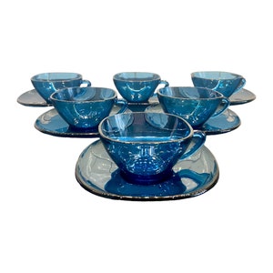 Vintage vereco french set of six cobalt blue Espresso Coffee Cup Set vintage Tea Set vintage Cups and Saucers french studio art glass