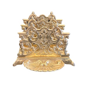 antique french ornate rococo style heavy solid brass three section letter rack with stamp holder desk tidy brass stationary holder desk tidy