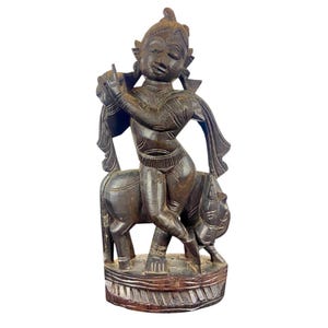 antique 19th century hindu god protector of cows venugopal krishna vishnu hand carved hardwood figure antique carved statue carved ornament