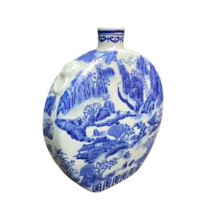 chinese antique 18th century style large ceramic moon flask blue and white glazed landscape scene signed to base interior design home decor