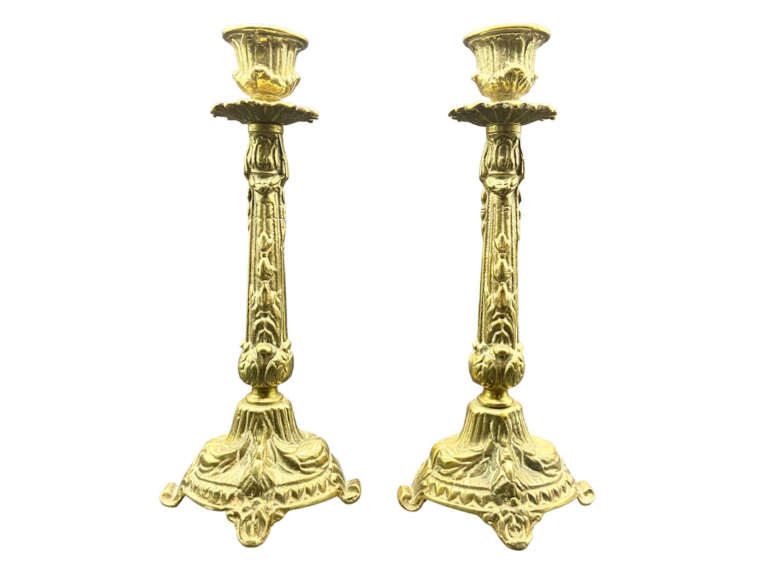 Antique Victorian Circa 1900 Pair of Ornate Brass Candlesticks With