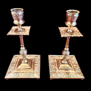 antique victorian circa 1880 pair of brass candlesticks ornate square footed base antique candle holders candlesticks english brass