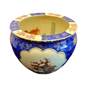 vintage oriental chinese ornate ceramic fish bowl planter depicting birds and floral scene jardiniere planter pottery plant pot