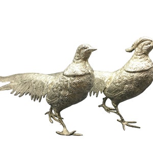 Vintage Silver Plated Peacock Figurines,Large heavy pair of Silver Birds, Silver Pheasant Figurines, Italian Silver Peacock Menu Holders