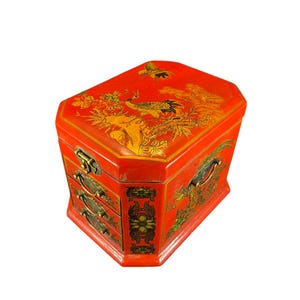 chinese oriental antique style red lacquered wood jewellery box with pop up vanity mirror lined drawers jewelry box jewellery cabinet