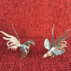 Vintage Silver Plated pair of fighting rooster cockerels Figurines Pair of Large Silver Birds Italian Silver birds silver ornaments