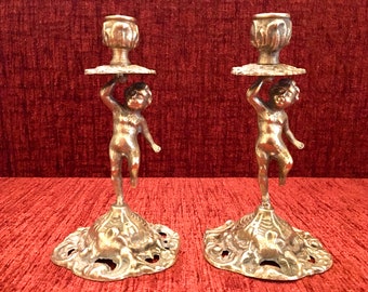 antique victorian circa 1900 french louis style pair of brass cherub candlesticks ornate design antique candle holder candlestick