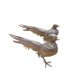 Vintage Silver Plated Peacock Figurines Large heavy pair of Silver Birds, Silver Pheasant Figurines, Italian Silver Peacock Menu Holders