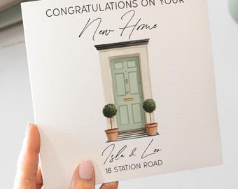 Tarjeta de felicitación por nueva casa, regalo personalizado para inauguración, nombre y dirección personalizados, estilo de impresión elegante.