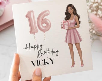Tarjeta de cumpleaños número 16 para ella personalizada con diseño de regalo