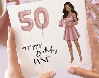 Tarjeta de cumpleaños número 50 para ella personalizada con diseño de regalo y globos.
