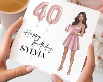 Tarjeta de cumpleaños número 40 para ella personalizada con diseño de regalo y globos.
