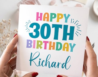 Tarjeta de cumpleaños número 30 personalizada con nombre en azul.