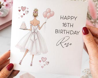 Tarjeta de cumpleaños número 16 personalizada para ella con nombre personalizado