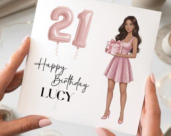 Tarjeta de cumpleaños número 21 para ella personalizada con diseño de regalo y globos.