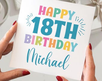 Tarjeta de cumpleaños número 18 personalizada con nombre en azul