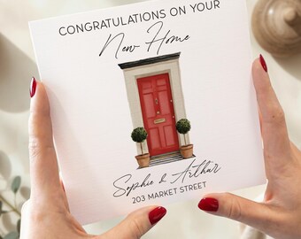 Tarjeta de felicitación personalizada para casa nueva con elegante diseño impreso.