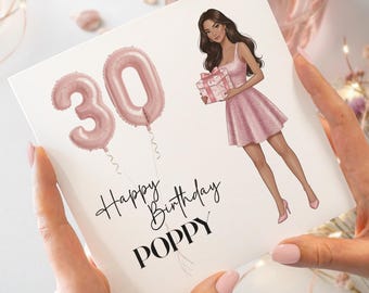 Tarjeta de cumpleaños número 30 para ella personalizada con diseño de regalo y globos.