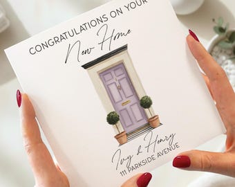 Tarjeta de felicitación personalizada para la inauguración de la casa, con nombre y dirección personalizados.