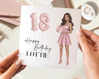 Tarjeta de cumpleaños número 18 para ella personalizada con diseño de regalo y globos.