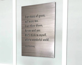 And I Think To Myself What a Wonderful World Extra Large Metal Wall Art Quote Sign, Silver Aesthetic Louis Armstrong Song Lyrics home decor