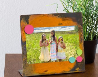 Square Magnetic Picture Frame and Magnet Set, Steel Magnet Board Frame with Laser Cut Wood Magnets, metal art work school picture board