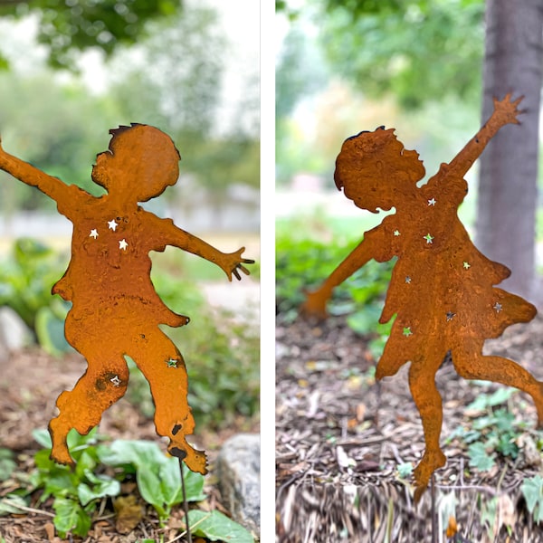 Boy and Girl Dancer Metal Garden Sculpture, Unique Rusted Metal Outdoor Statues Trending Now, Loss of Child Gift for Child Grave Decoration