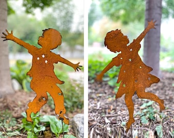 Rusty Metal Dancer Garden Sculpture, Boy & Girl Dancer Metal Garden Decor, Handcrafted Patina Yard Art, Whimsical Children Memorial Gift