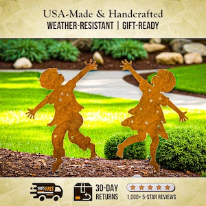 Boy & Girl Dancer Rusty Metal Garden Sculpture – Handcrafted Patina Yard Art, Whimsical Children Memorial Gift, Grave Decoration USA Made