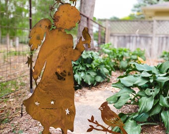 Metal Angel and Cardinal Garden Decor, Cardinal Bird Art Metal Garden Stakes, Mothers Day Memorial Gift, Outdoor Spring Decor
