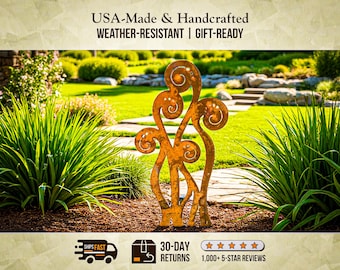 Rusty Metal Hollyhock and Fiddlehead Fern Garden Sculpture Set – Handcrafted Patina Outdoor Yard Art, Large Botanical Flower Stakes USA Made