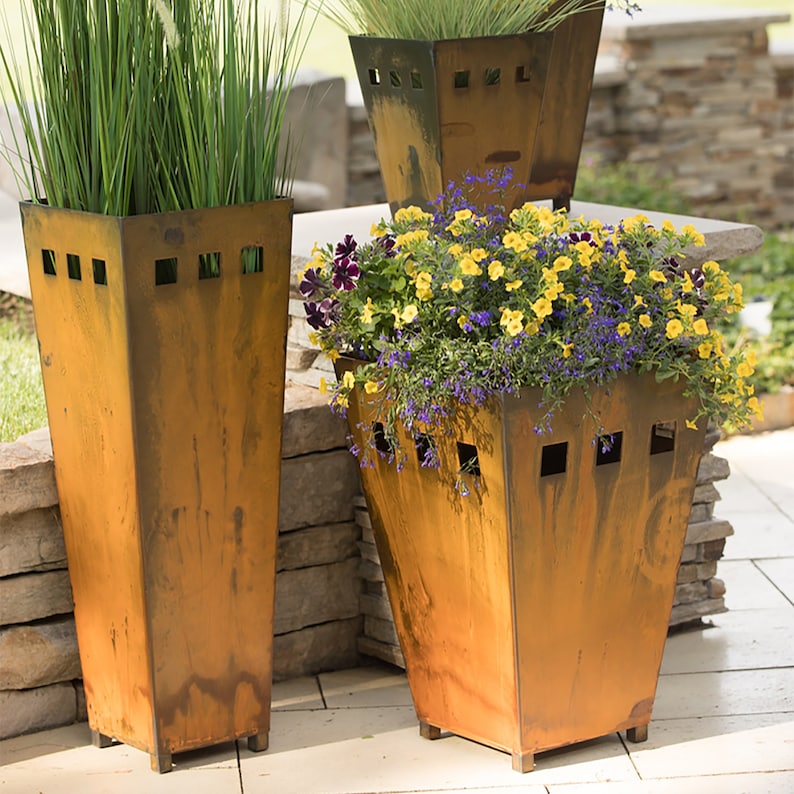 Tall Rustic Metal Planter Garden Accessory Outdoor Front Etsy