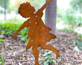 Rusty Metal Girl Dancer Garden Stake, Outdoor Fairy Garden Sculpture, Whimsical Dancing Girl Silhouette, Large Patina Primitive Garden Decor