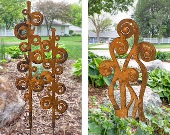Hollyhocks Fiddlehead Ferns Metal Garden Sculpture Set, Spring Garden Decor Trending Now, Large Outdoor Sculpture Metal Garden Stakes